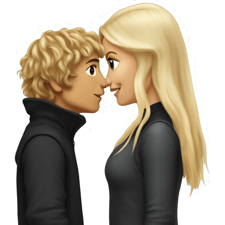 Pippin-hobbit wearing black hoodie kissing pretty straight hair blonde woman with attractive top emoji