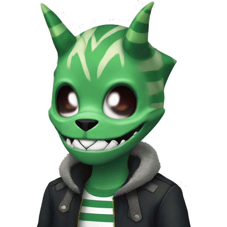 Digimon, horns, black body, green hair, anthro, furry, shark, skull face, skull mask, green stripes, tufted tail,  emoji