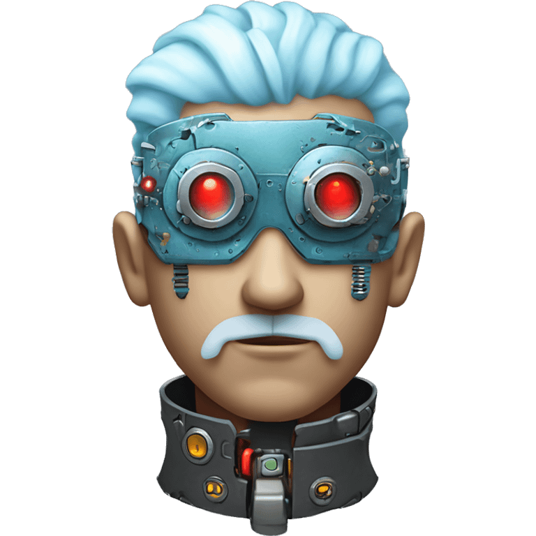  Short light blue haired male cyborg head with light blue beard, red steampunk goggles and circuits emoji