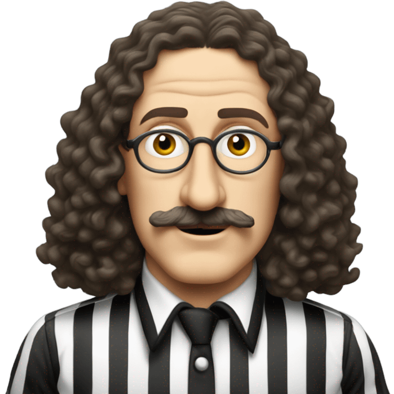 Weird Al Yankovic without wrinkles, and wearing a referee shirt and has a mustache emoji