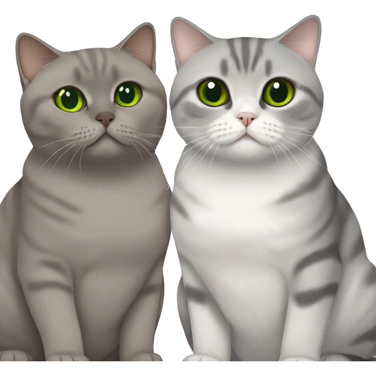 Scottish fold cat in grey with Green eyes + Brown british shorthair with Brown eyes sitting  emoji