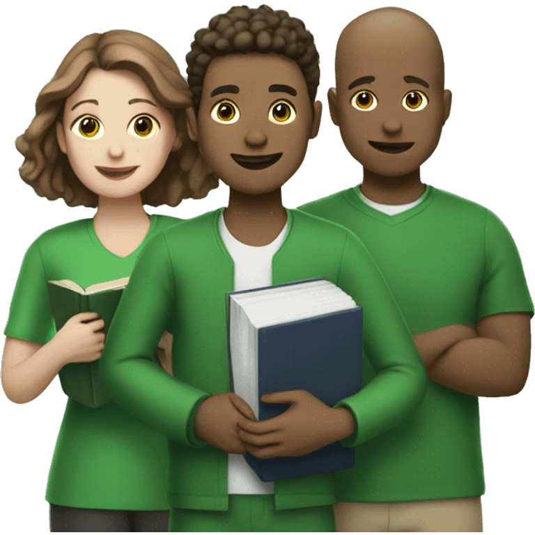 white three people in green clothes holding books emoji