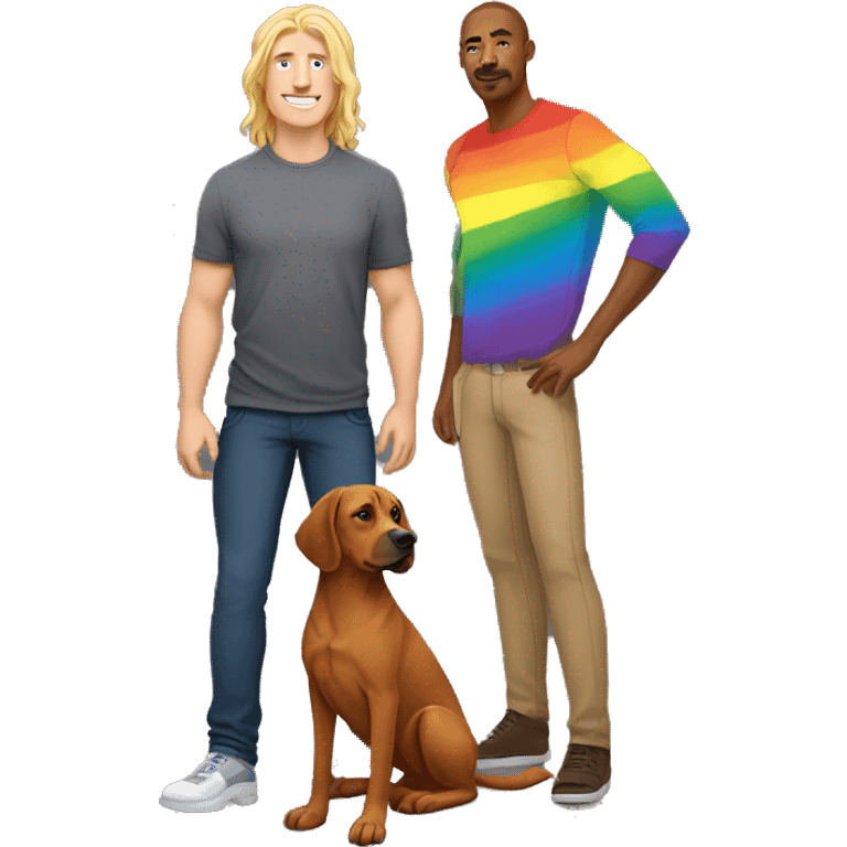 white male with long rainbow colored hair standing alongside a brown rhodesian ridgeback emoji