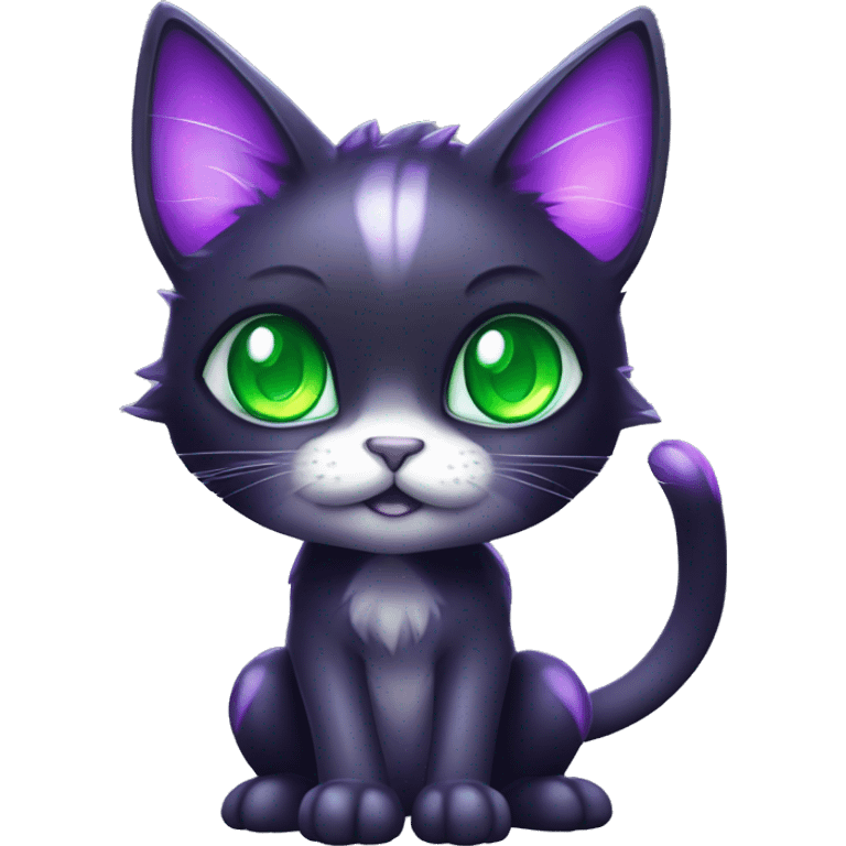 Shiny, Sparkly, Black Dark-type-Fakémon-Cat Purple eyes, green gem, full body emoji