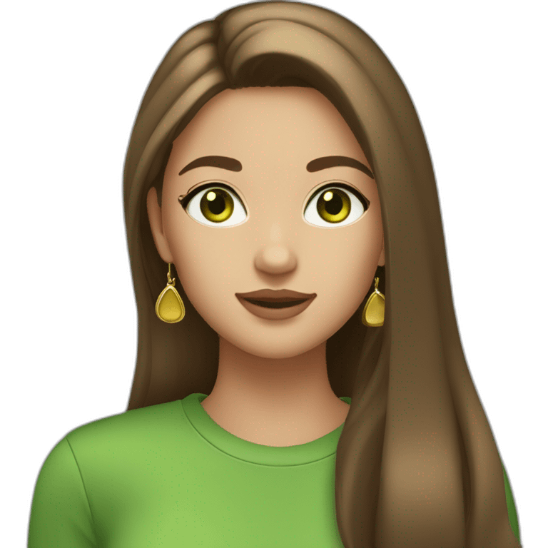 Cute girl with straight long brown hair (middlepart), green eyes, gold earrings and a green shirt. She ist looking fabulous btw emoji