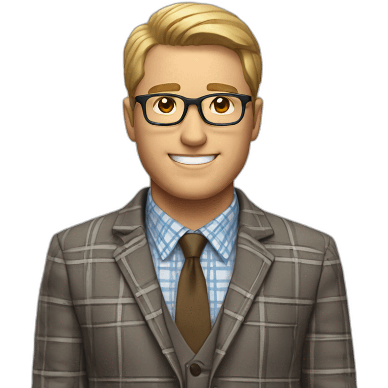 White man, short hair, glasses, plaid business shirt and sports coat. emoji