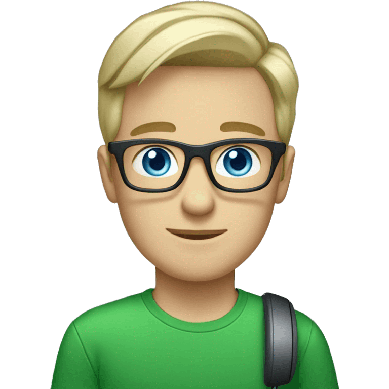 white young man with square glasses and blue eyes wearing green t-shirt with laptop and headset emoji