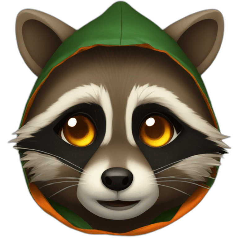 brown raccoon with orange eyes and a dark green hood that is crying emoji