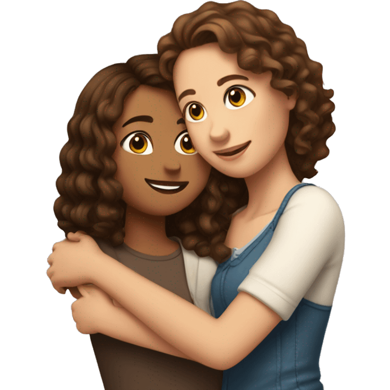 Girl with long straight brown hair hugging a women with short curly brown hair emoji