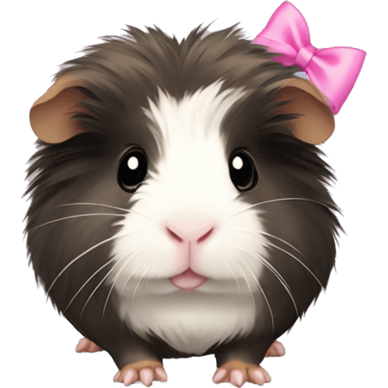 fluffy guinea pig with black,white, and tan face fur wearing a pink bow emoji