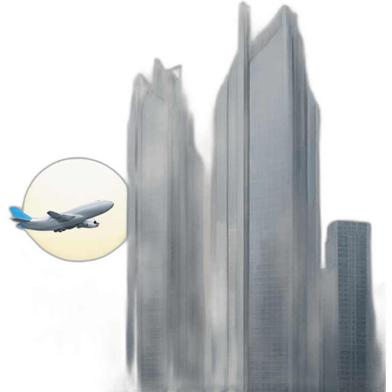 Two skyscrapers with an airplane heading towards them emoji