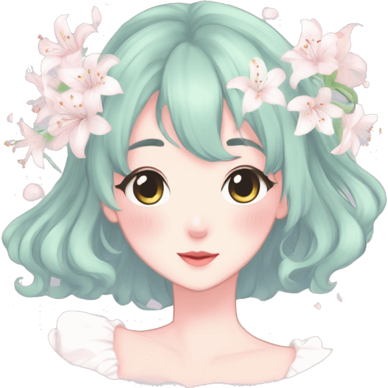 Gorgeous pastel anime style lady with blushing face and lilies cottagecore fairycore pastelcore colorful pearly romantic simplistic aesthetic trending style emoji