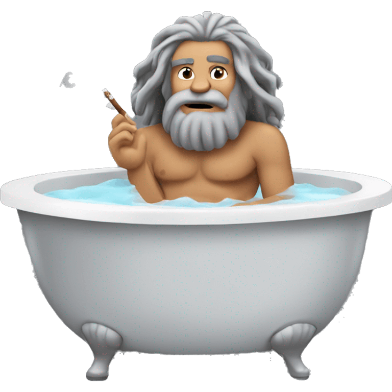 Caveman with long gray hair and a gray goatee sitting in a jacuzzi tub and smoking a joint emoji