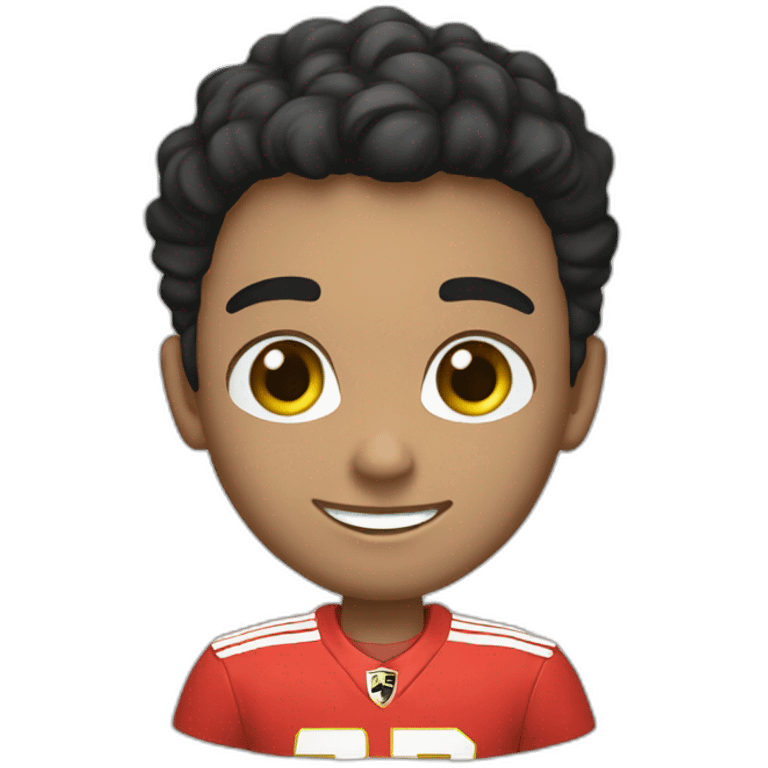 A smiling white teen with a long face in red Ferrari jersey with very short black hair and light green eyes and dig cheeks emoji