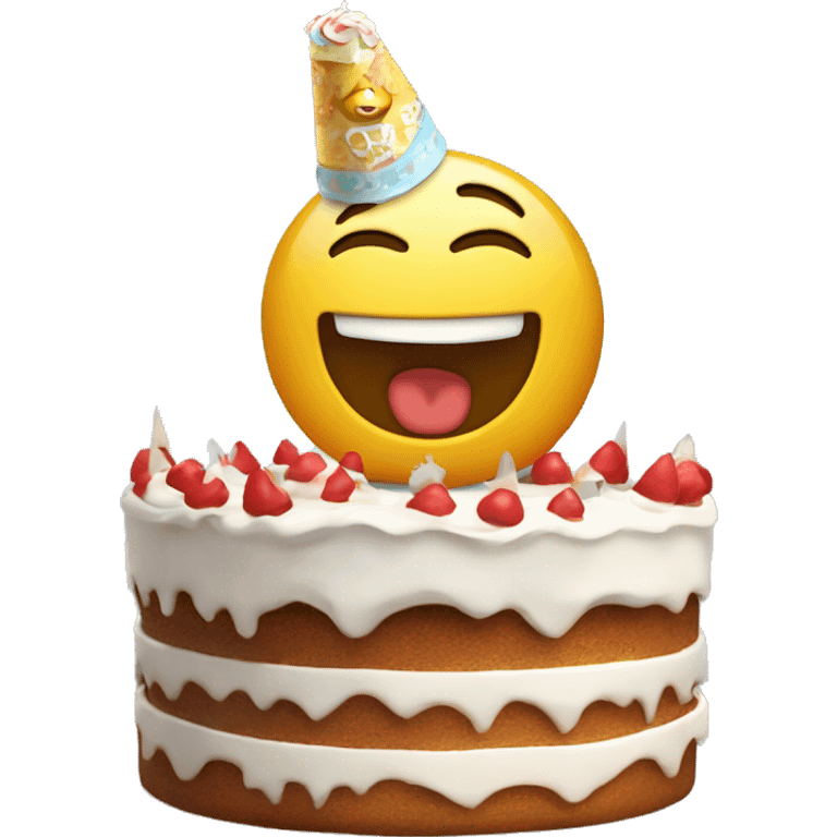 un emoji avec un gateau et avre ecris joyeux anniverair decue emoji