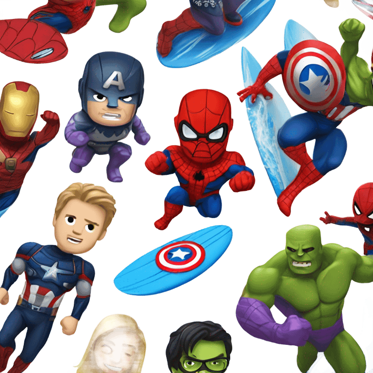 Surfing ironman, hulk ,spiderman ,thanos, Batman ,captain America emoji