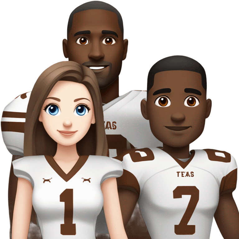 Beautiful girl, pale skin, blue eyes, long straight beautiful light brown hair, wearing Texas Longhorn football cheerleading uniform, standing next to handsome black man with short black hair wearing Texas longhorn football jersey emoji