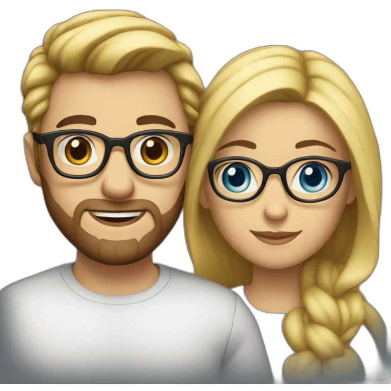 Couple in love. She has blue eyes and wears glasses, has DARK Hair. He has short blond hair, three-day beard and wears glasses. emoji