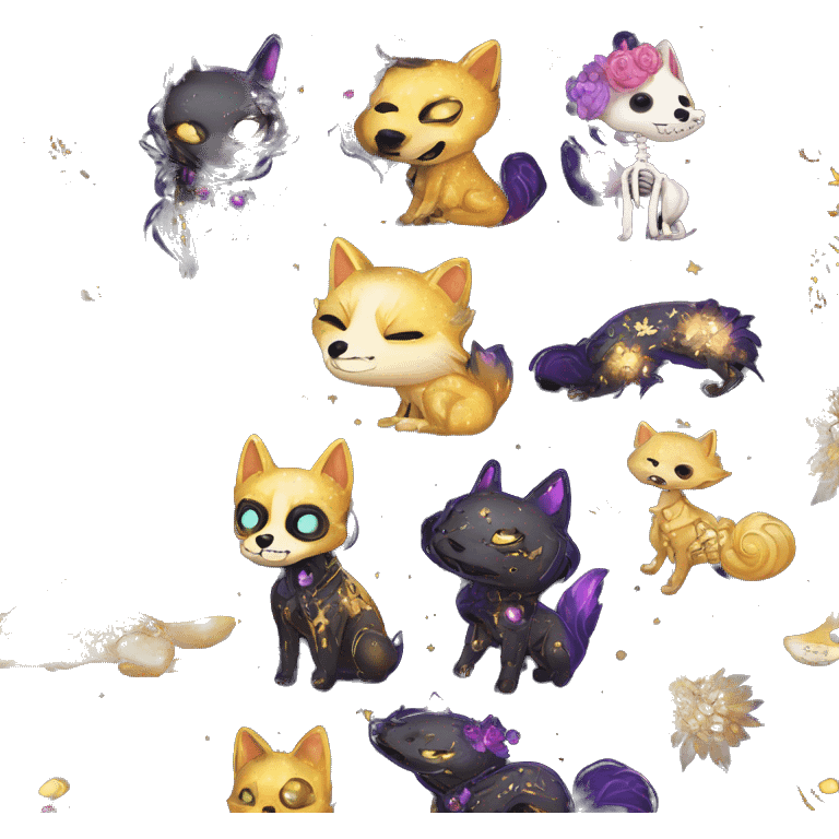 Black iridescent dog fox zombie skeleton gold mechanical nebula galaxy stars flowers fairy lights vintage emoji