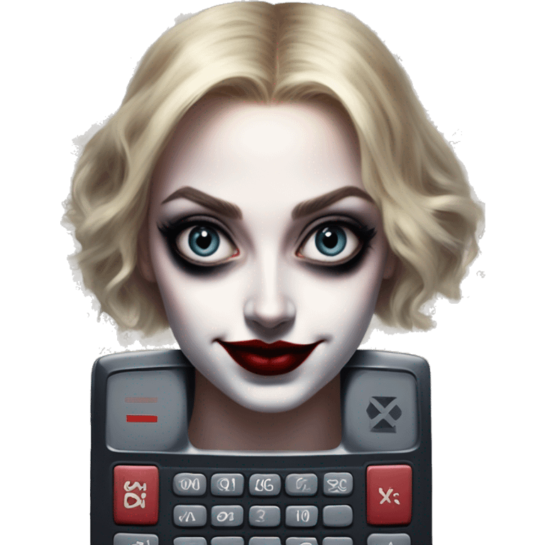 Calculator in Harley Quinn style, oil paint, mysterious eyes, intricate lips, masterpiece portrait, odd perspective, beautiful, desirable, logical emoji