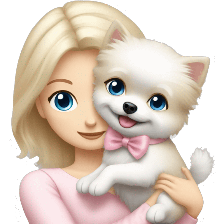 Blond girl white skin blue eyes hugging white Pomeranian with light pink bow emoji