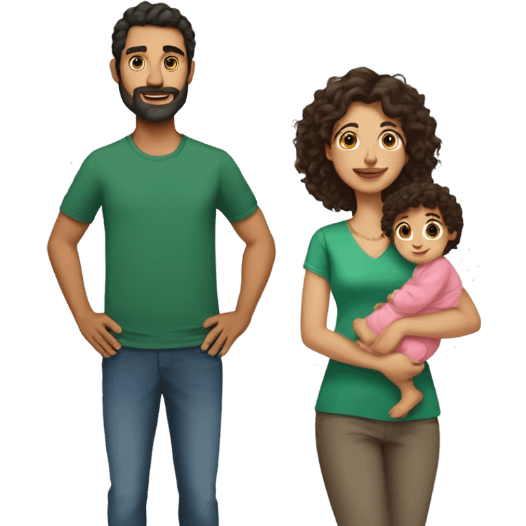 pakistani mom with long brown curly hair and pakistani dad with short black curly hair holding a pakistani baby emoji