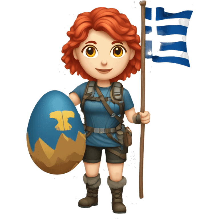 female mountaineer red hair with easter egg and greek flag  emoji