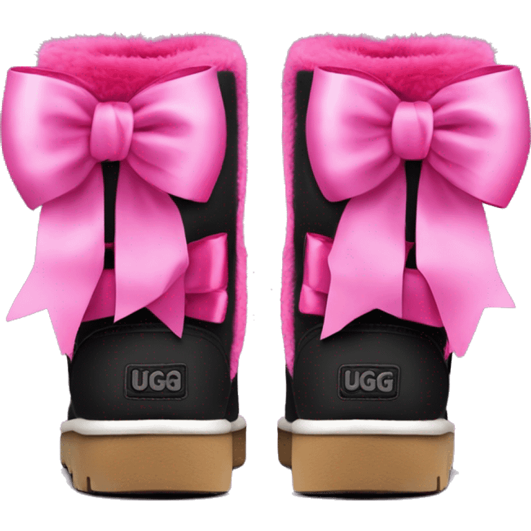 Pair of black and hot pink Ugg fur boots laced up with pink silk ribbon bows. emoji