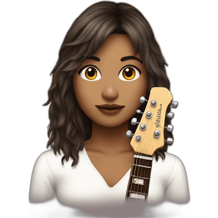 One rockstar girl with cascade brunette hair with fringes with quitar emoji