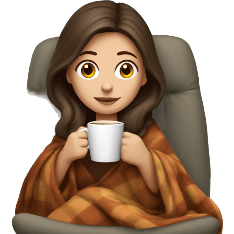 Brunette white girl covered in blanket autumn vibe sitting on a cozy chair holding coffee emoji