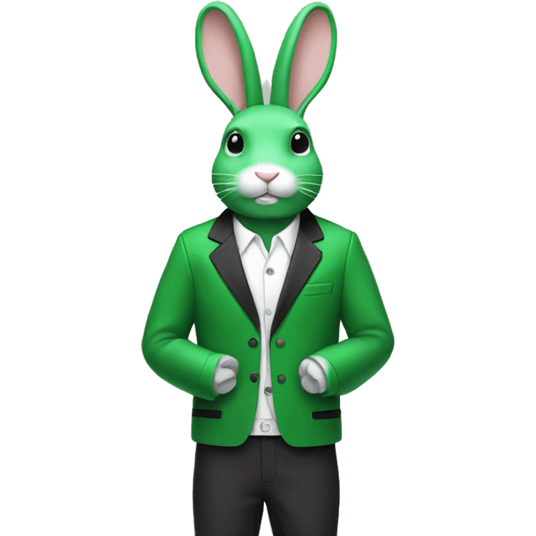 Green rabbit with white strings on jacket with the jacket being black and white.  emoji