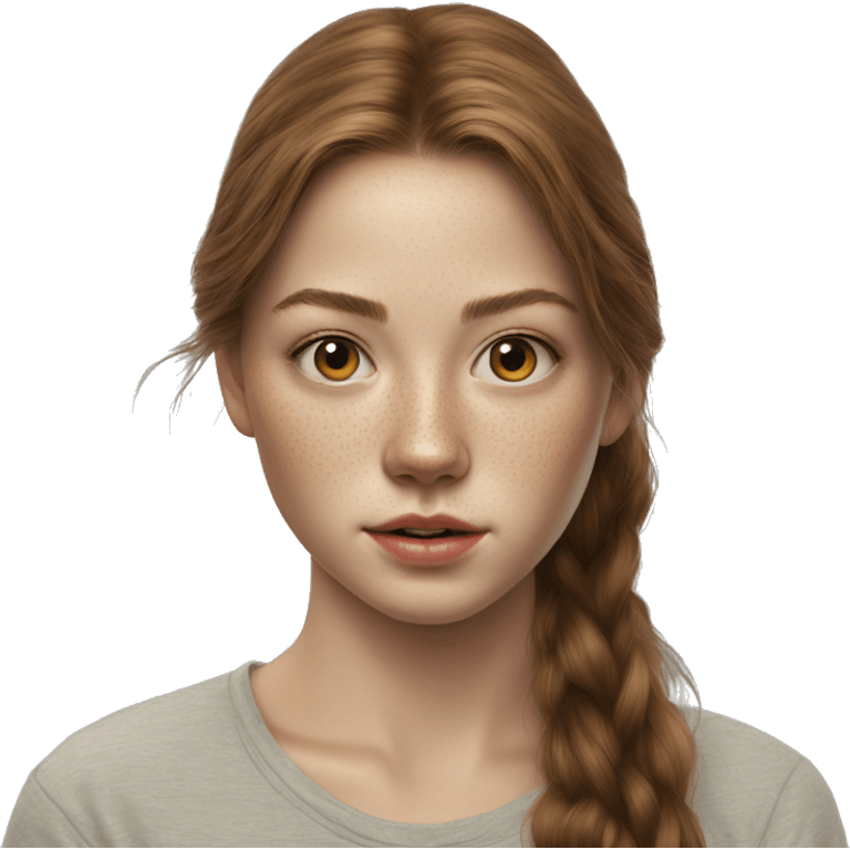 Maja Strojek long brown hair teenager, freckles, hyperreal, photoreal portrait emoji