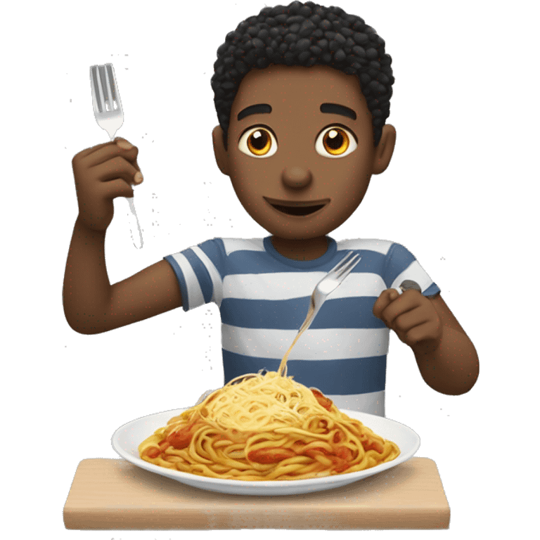 Boy eating spaghetti using someone else’s hand as fork emoji