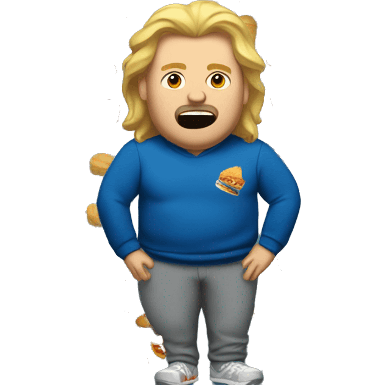 fat blonde man in dirty blue sweatsuit with chili cheese fries in his mouth emoji