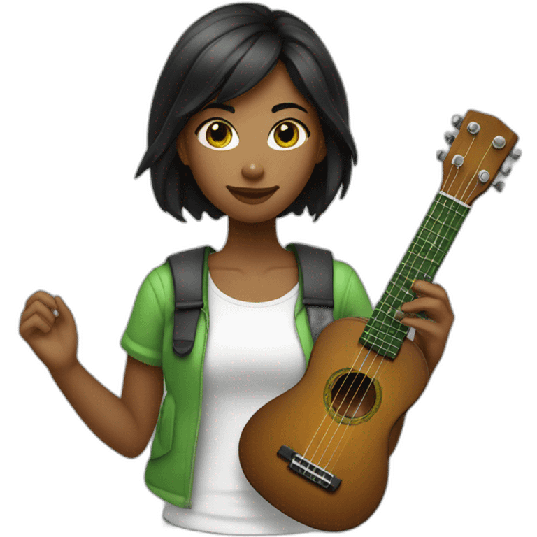 black-middle-length-haired-girl-with-white-tshirt-and-green-colored-ukulele emoji