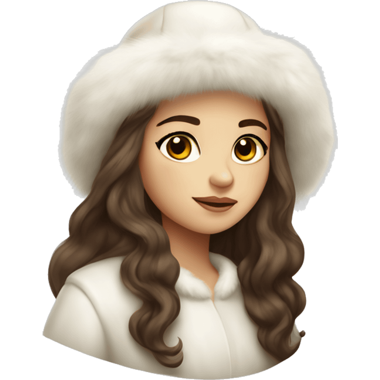 Slavic girl with dark eyes and brown wavy long hair wearing a white fur hat and white Mink fur coat emoji