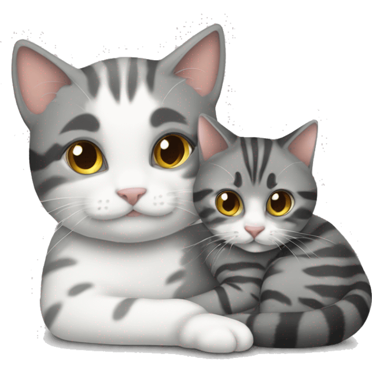 Grey tabby cuddling a calico cat  emoji