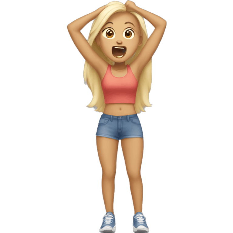 Tan girl with blonde hair standing up yawning and stretching  emoji