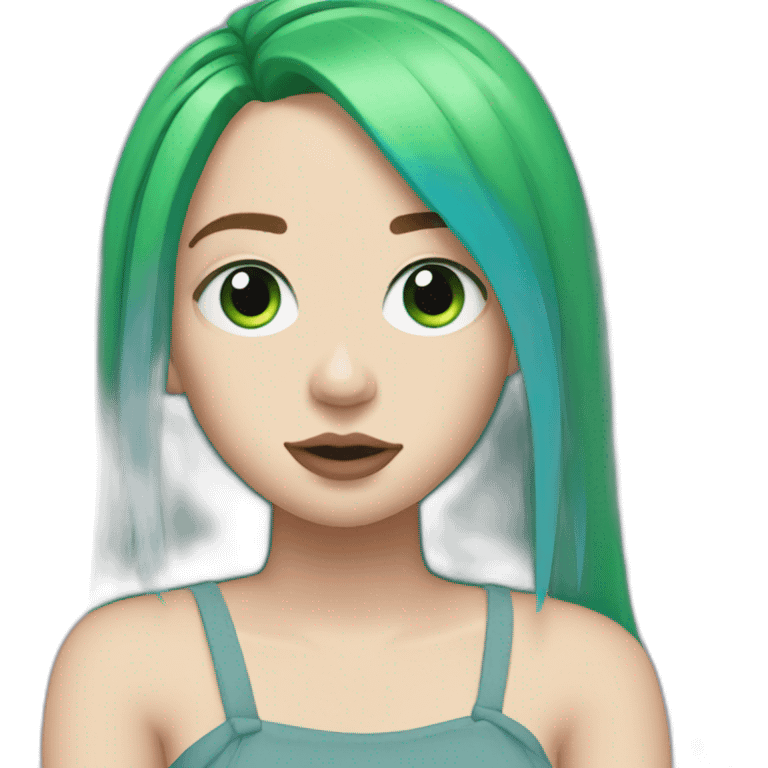 Billie eilish with green hairs and blue eyes emoji