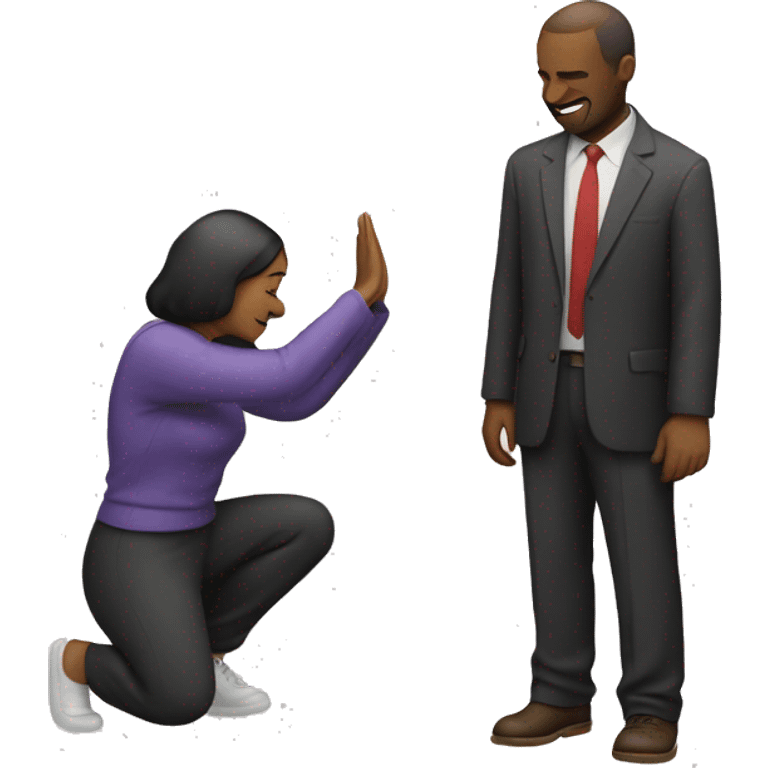 Woman bowing, man saying ok behind emoji