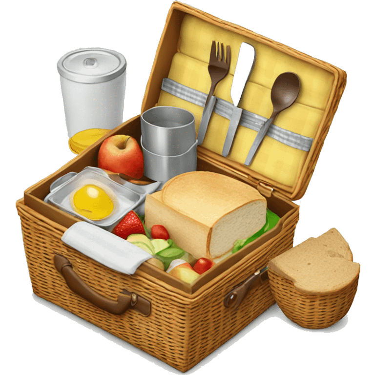 Realistic picnic lunch basket with lid open and food and dishes inside  emoji