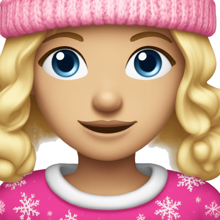 Blonde girl with blue eyes wearing a pink Santa hat and a pink Christmas sweater emoji