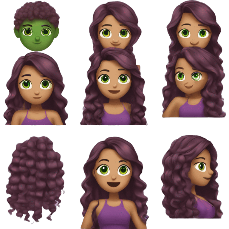 que sea muy bella y que tenga las puntas dl cabello moradas y los ojjos verdes emoji