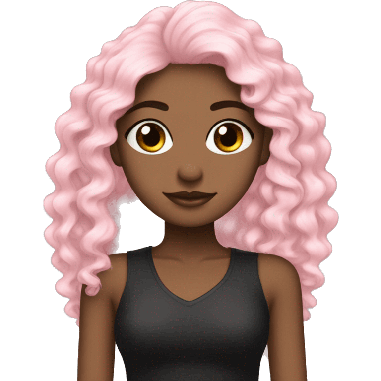 cabelo longo preto enrolado, menina pele bege, olhos pretos, roupa rosa claro. emoji