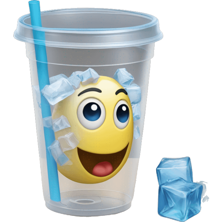 Realistic plastic cup and lid with blue soda and large ice cubes inside and straw through the top of the lid. emoji