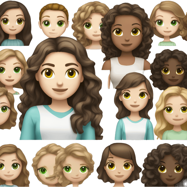 Two girls top half of there body’s one with dark brown straight hair and blue eyes pale skin and other with dark brown curly hair green eyes and white skin emoji