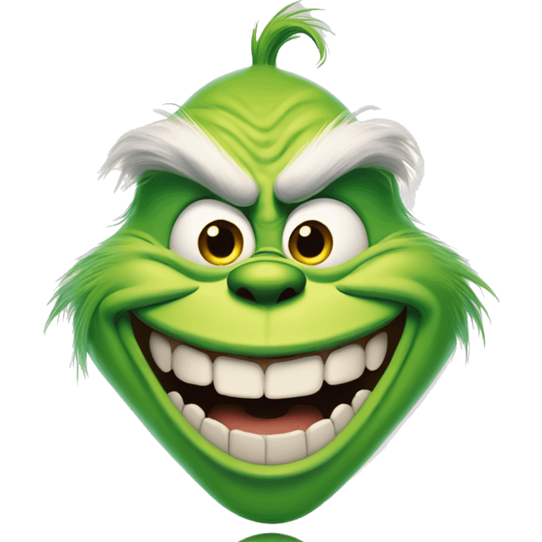 The grinch with a toothy maniacal smile staring at the camera emoji