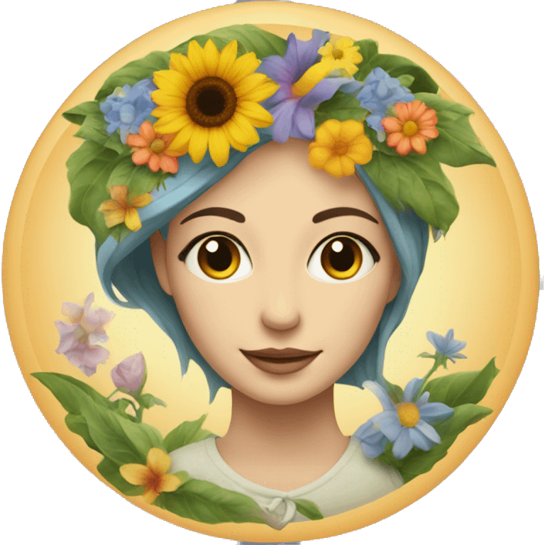 Lady's face inside a circle with a moon, flowers, and a sun along the bottom of the circle emoji