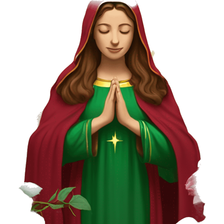 Virgin Mary: kind face looking down at the left, long brown hair, Wearing an emerald green  robe with gold stars and a burgundy red dress,  Hands in prayer or blessing. Halo around her head. standing in front of a big sun. colorful roses on the sides  emoji