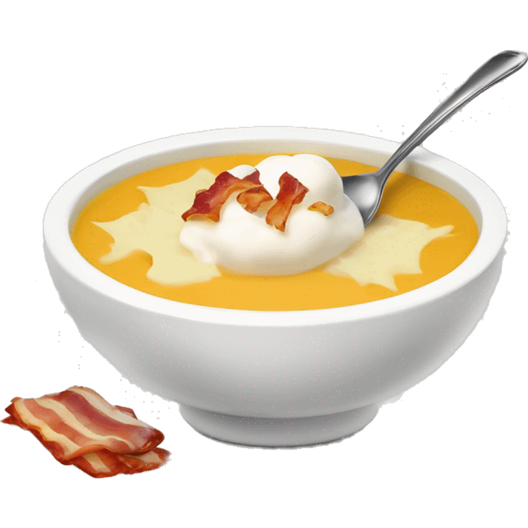 Soup with potato, shredded cheese, dollop of sour cream, bacon bits, and a spoon emoji